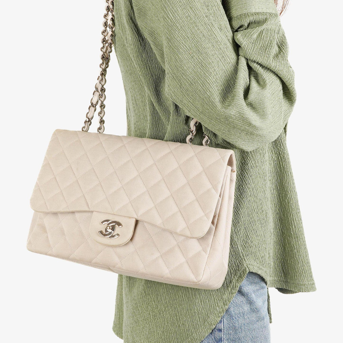 Chanel Jumbo Classic Single Flap Bag aus Jersey mit silberfarbenen Beschlägen