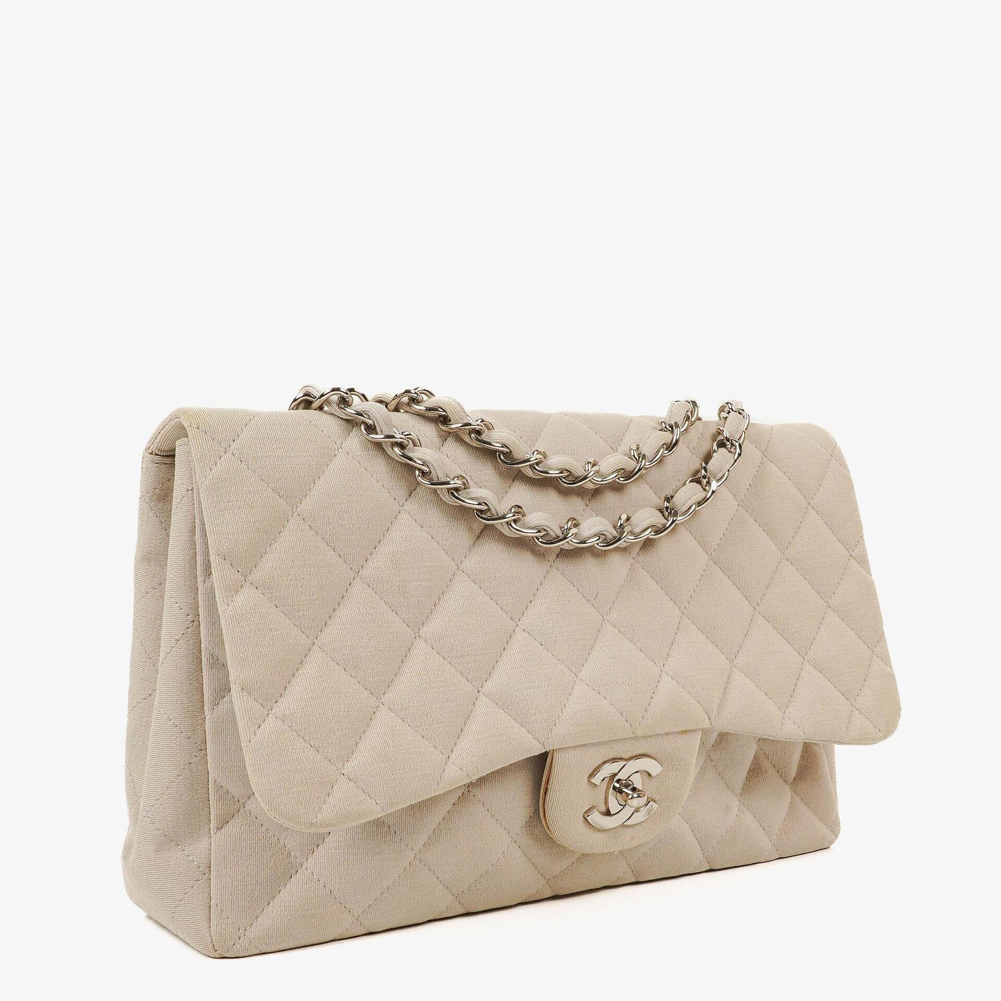 Chanel Jumbo Classic Single Flap Bag aus Jersey mit silberfarbenen Beschlägen