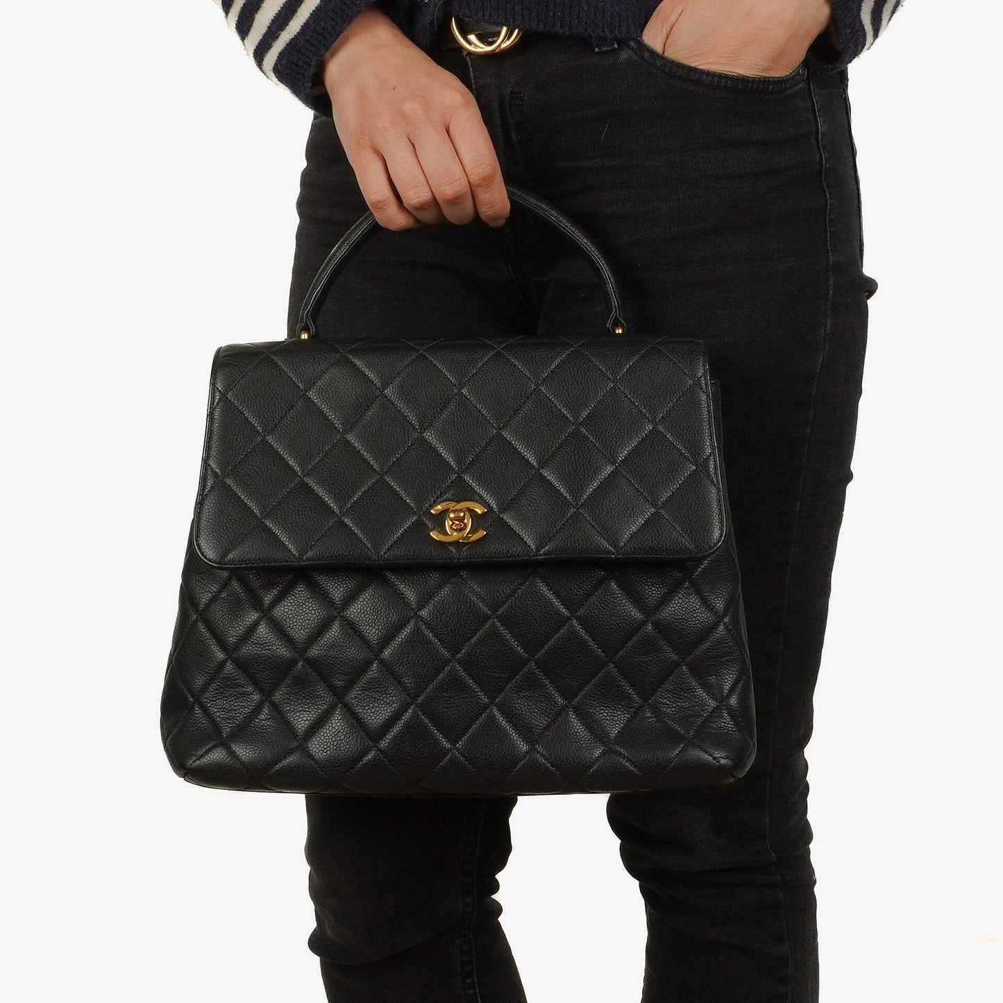 Chanel Kelly Schwarze Stepp-Caviar-Leder-Top-Handle-Tasche mit 24K vergoldeten Beschlägen, 1996-1997