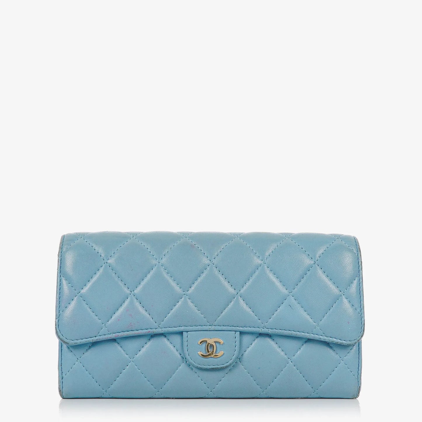 Chanel Große Flap Geldbörse aus hellblauem gestepptem Lammleder