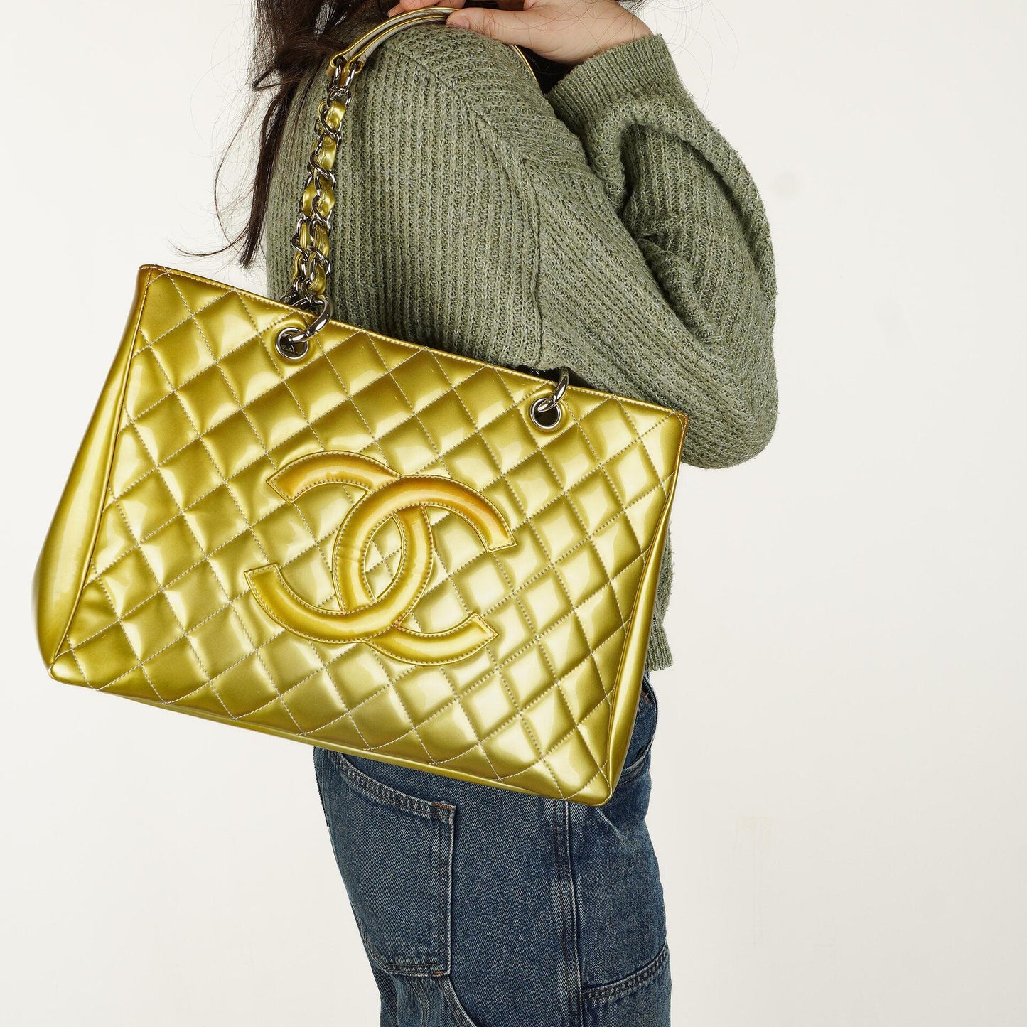 Chanel Große Gesteppt Lackleder Tote Tasche