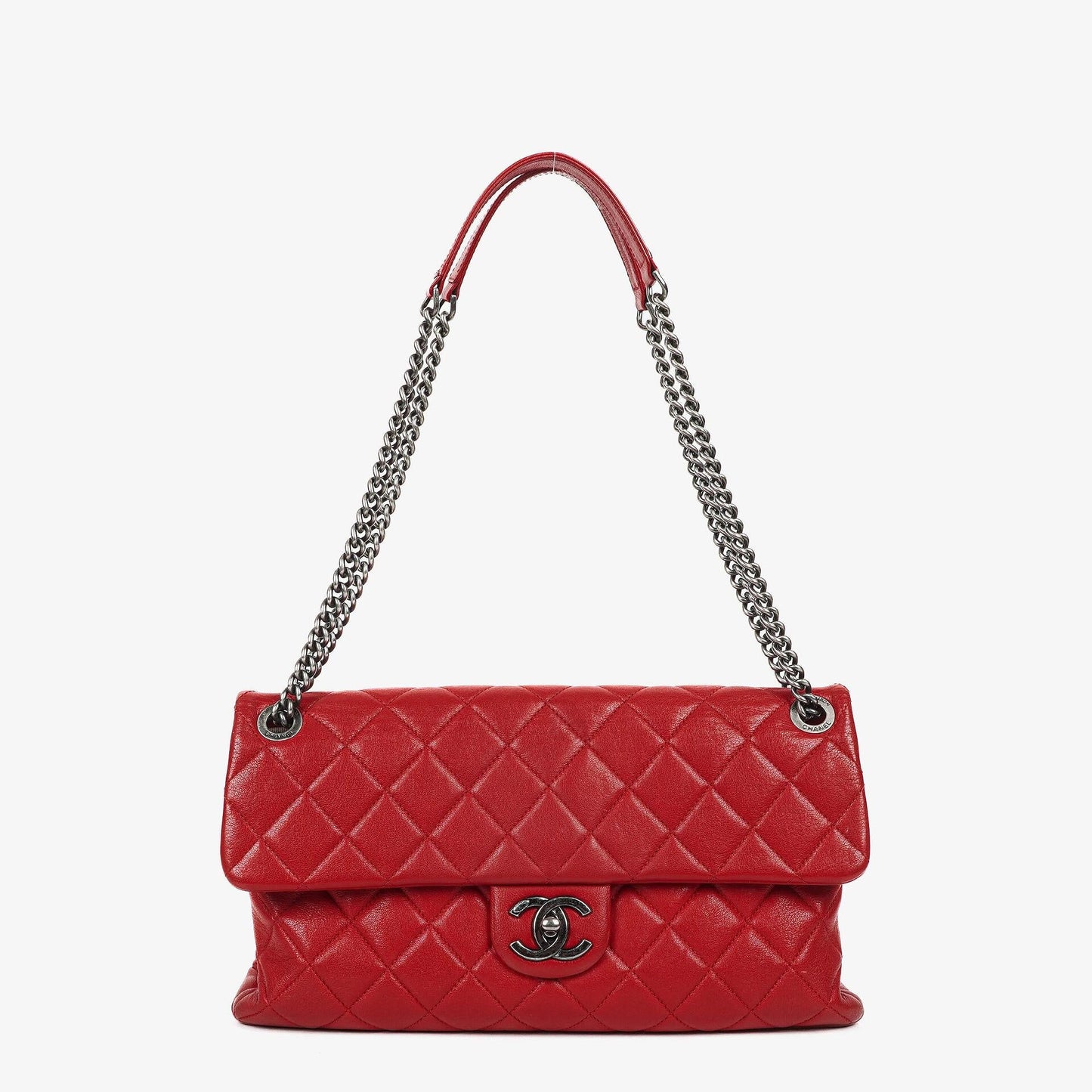 CHANEL Große Simply CC Rue Cambon Klappentasche aus rotem glänzendem Kalbsleder