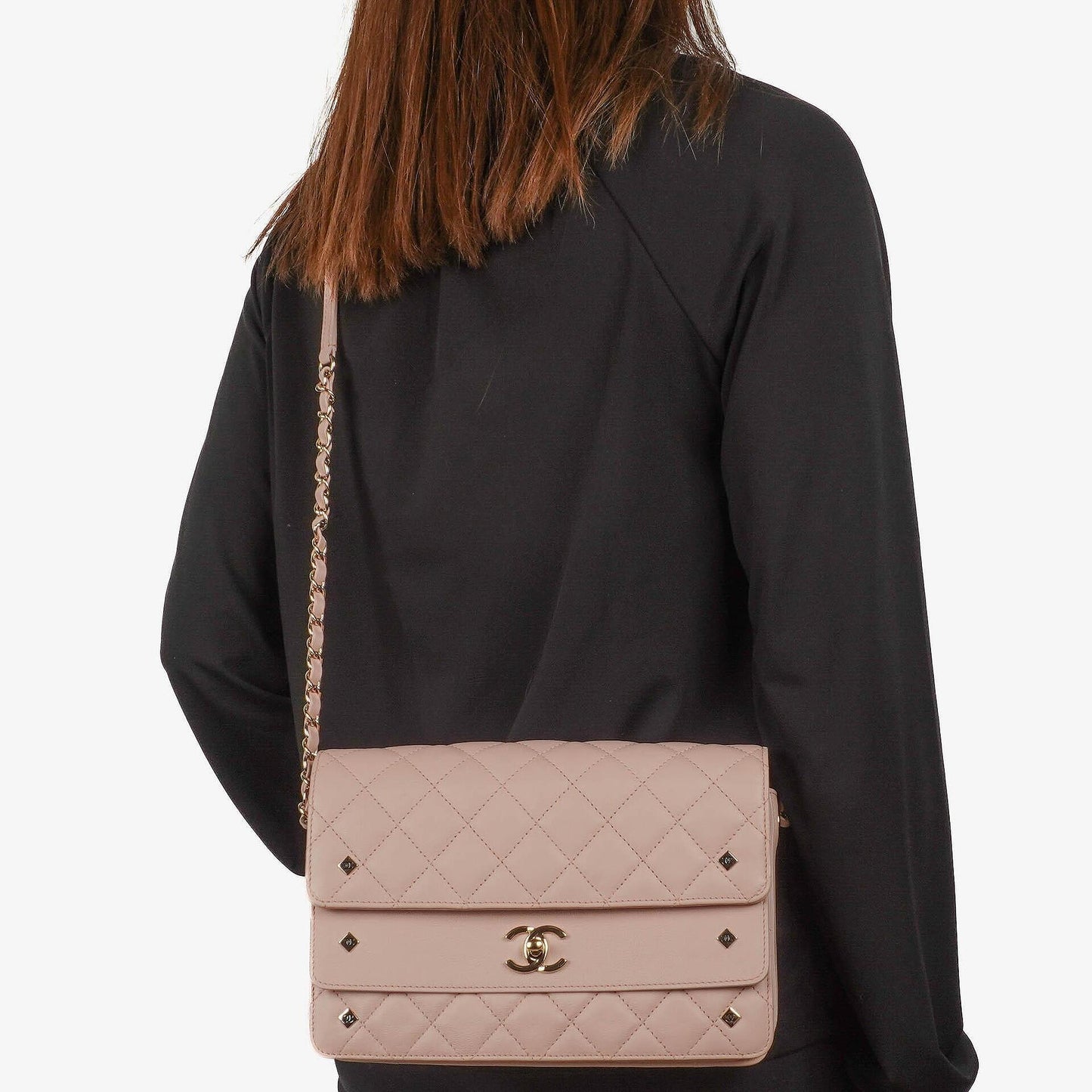 Chanel Flap Tasche aus hellrosa gestepptem Lammleder mit champagner-goldfarbener Hardware