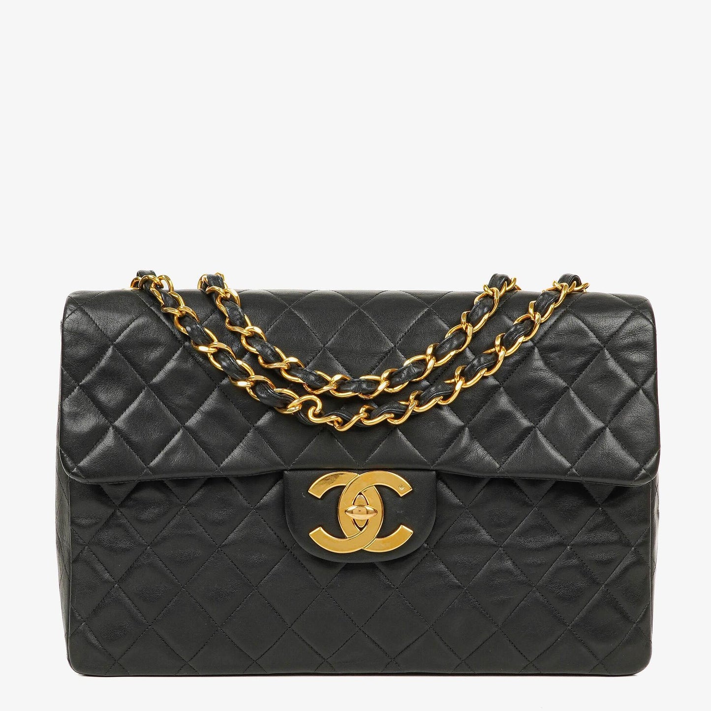 Chanel Maxi Jumbo CC Classic Single Flap Tasche in Schwarz aus gestepptem Lammleder mit 24K vergoldeten Beschlägen