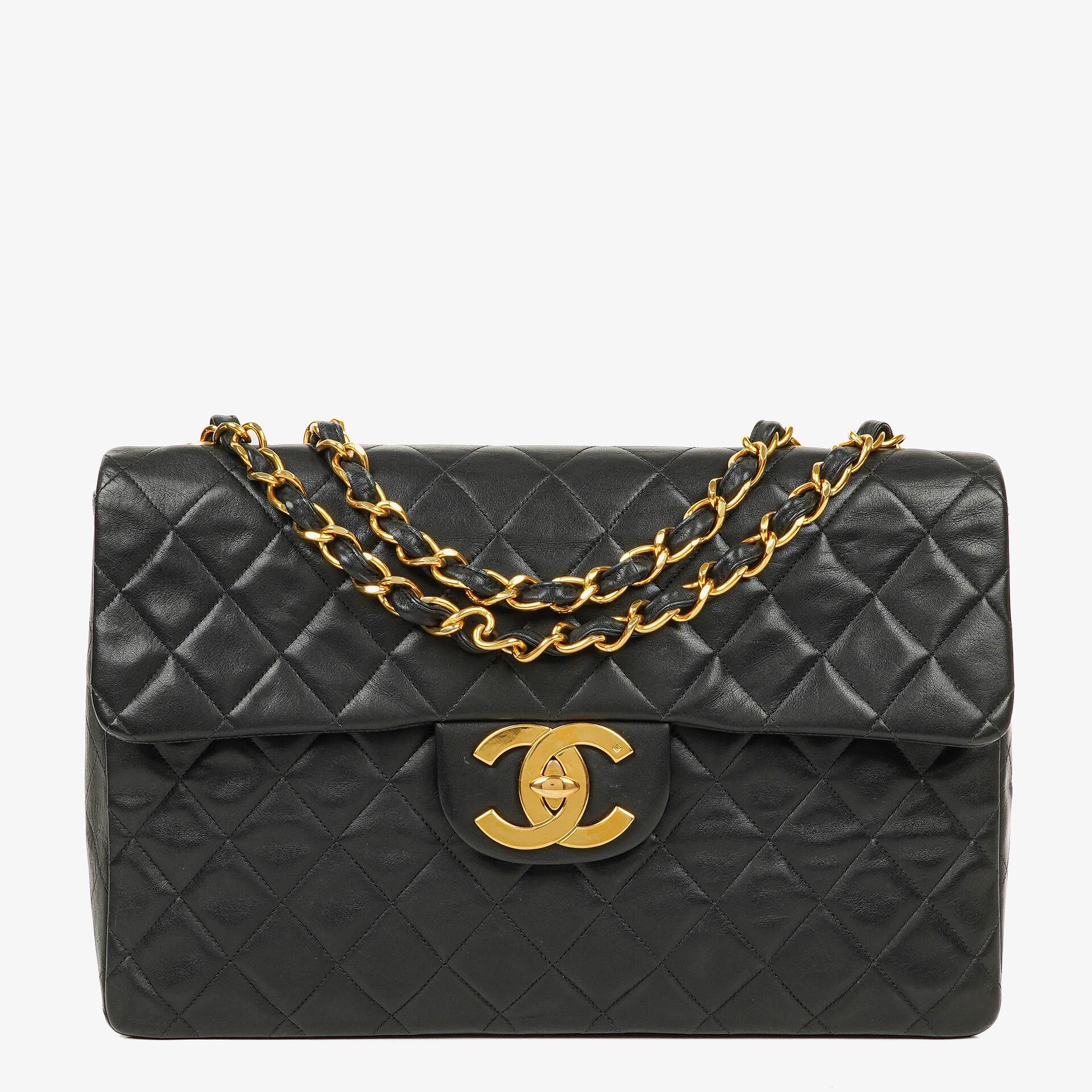 Chanel Maxi Jumbo CC Classic Single Flap Tasche in Schwarz aus gestepptem Lammleder mit 24K vergoldeten Beschlägen