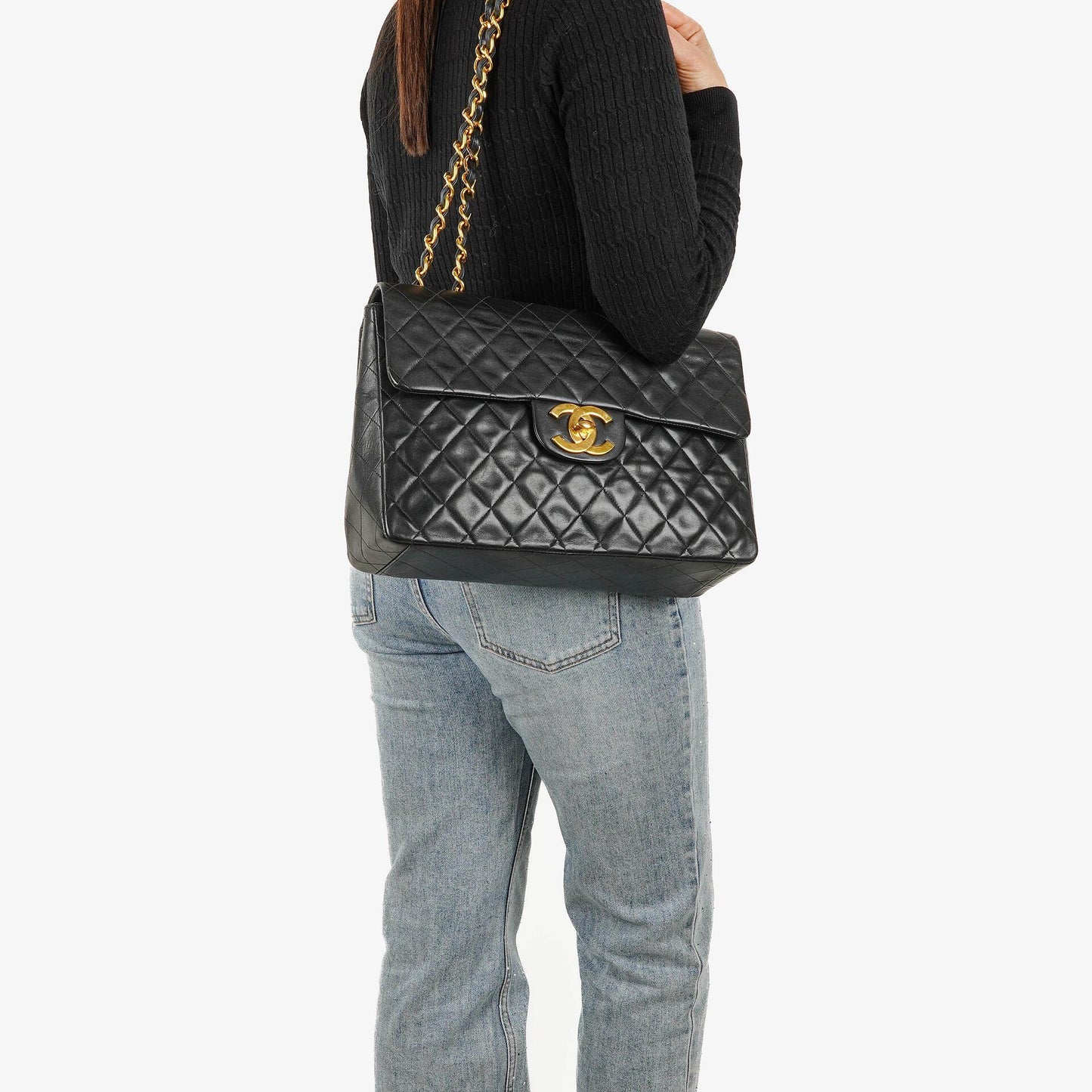 Chanel Maxi Jumbo CC Classic Single Flap Tasche in Schwarz aus gestepptem Lammleder mit 24K vergoldeten Beschlägen
