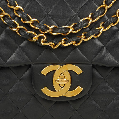 Chanel Maxi Jumbo CC Classic Single Flap Tasche in Schwarz aus gestepptem Lammleder mit 24K vergoldeten Beschlägen