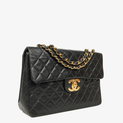 Chanel Maxi Jumbo CC Classic Single Flap Tasche in Schwarz aus gestepptem Lammleder mit 24K vergoldeten Beschlägen