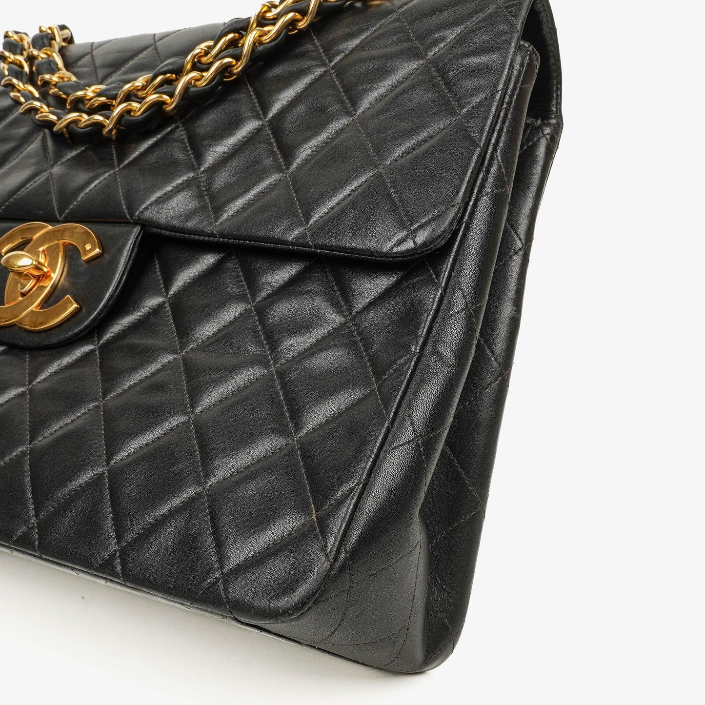 Chanel Maxi Jumbo CC Classic Single Flap Tasche in Schwarz aus gestepptem Lammleder mit 24K vergoldeten Beschlägen