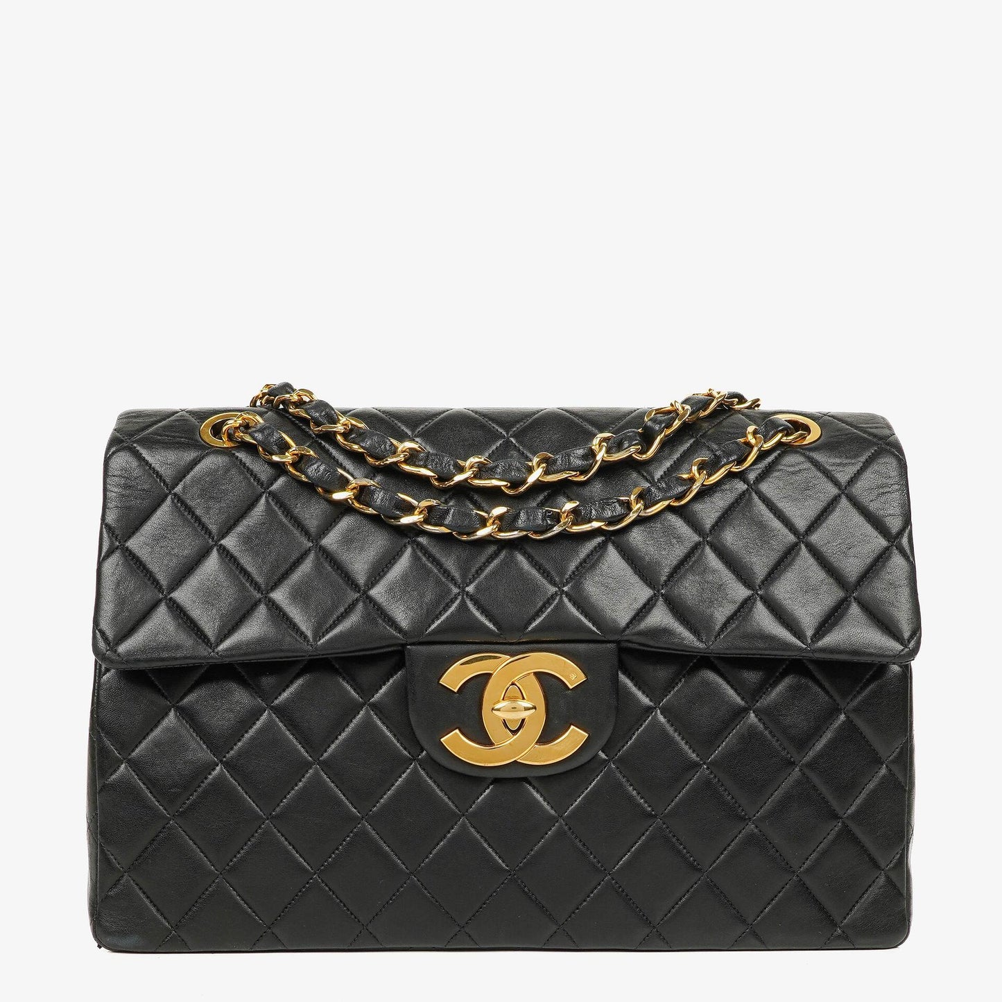 Chanel Maxi Jumbo CC Classic Single Flap Tasche aus schwarzem gestepptem Lammleder mit 24K vergoldeter Hardware