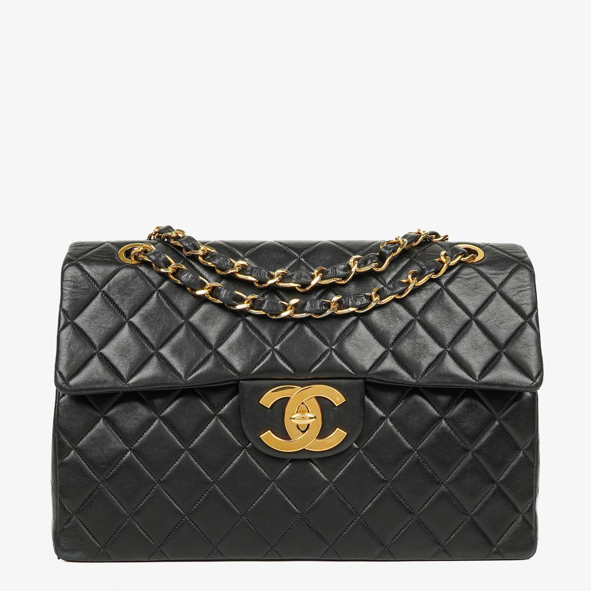 Chanel Maxi Jumbo CC Classic Single Flap Tasche aus schwarzem gestepptem Lammleder mit 24K vergoldeter Hardware