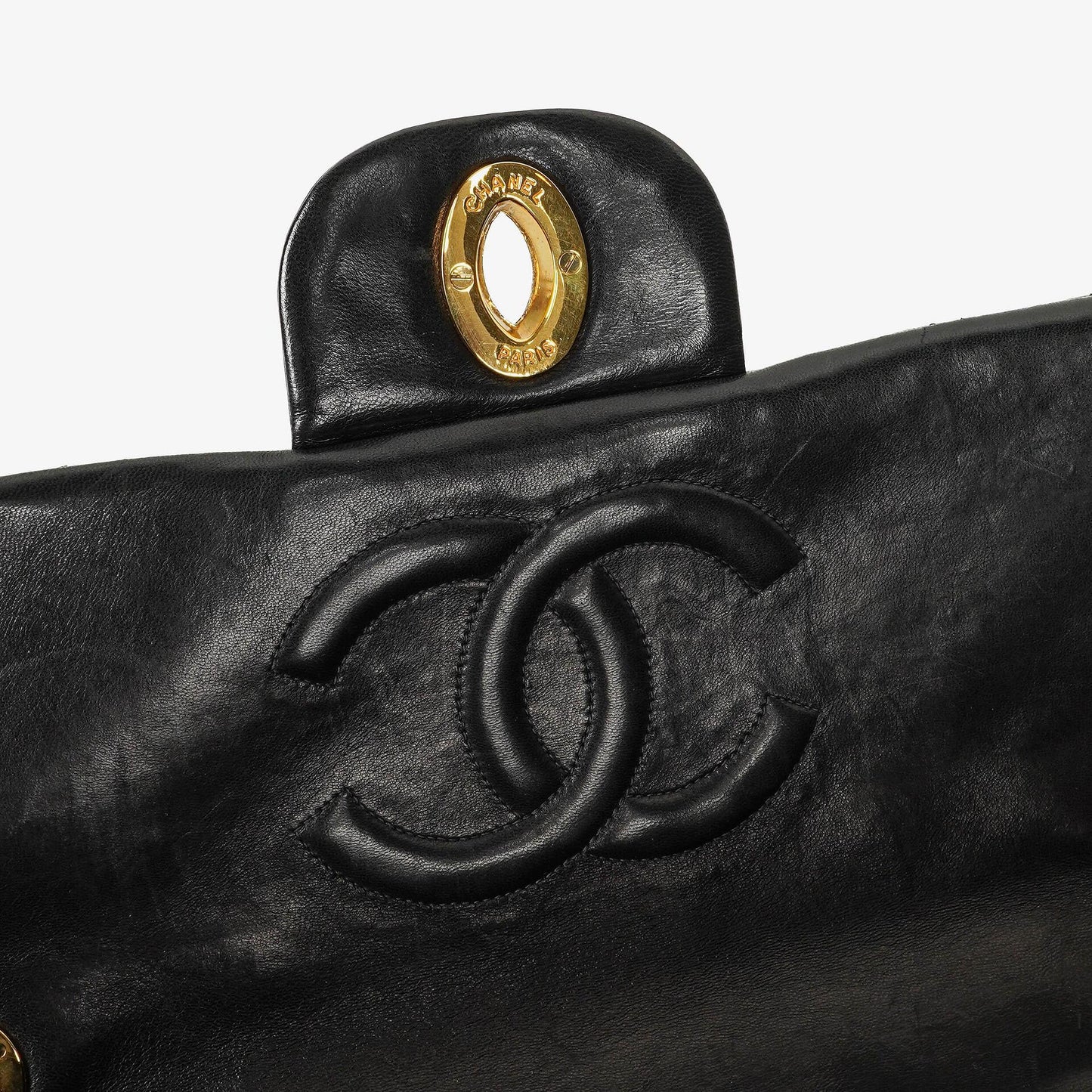 Chanel Maxi Jumbo CC Classic Single Flap Tasche aus schwarzem gestepptem Lammleder mit 24K vergoldeter Hardware