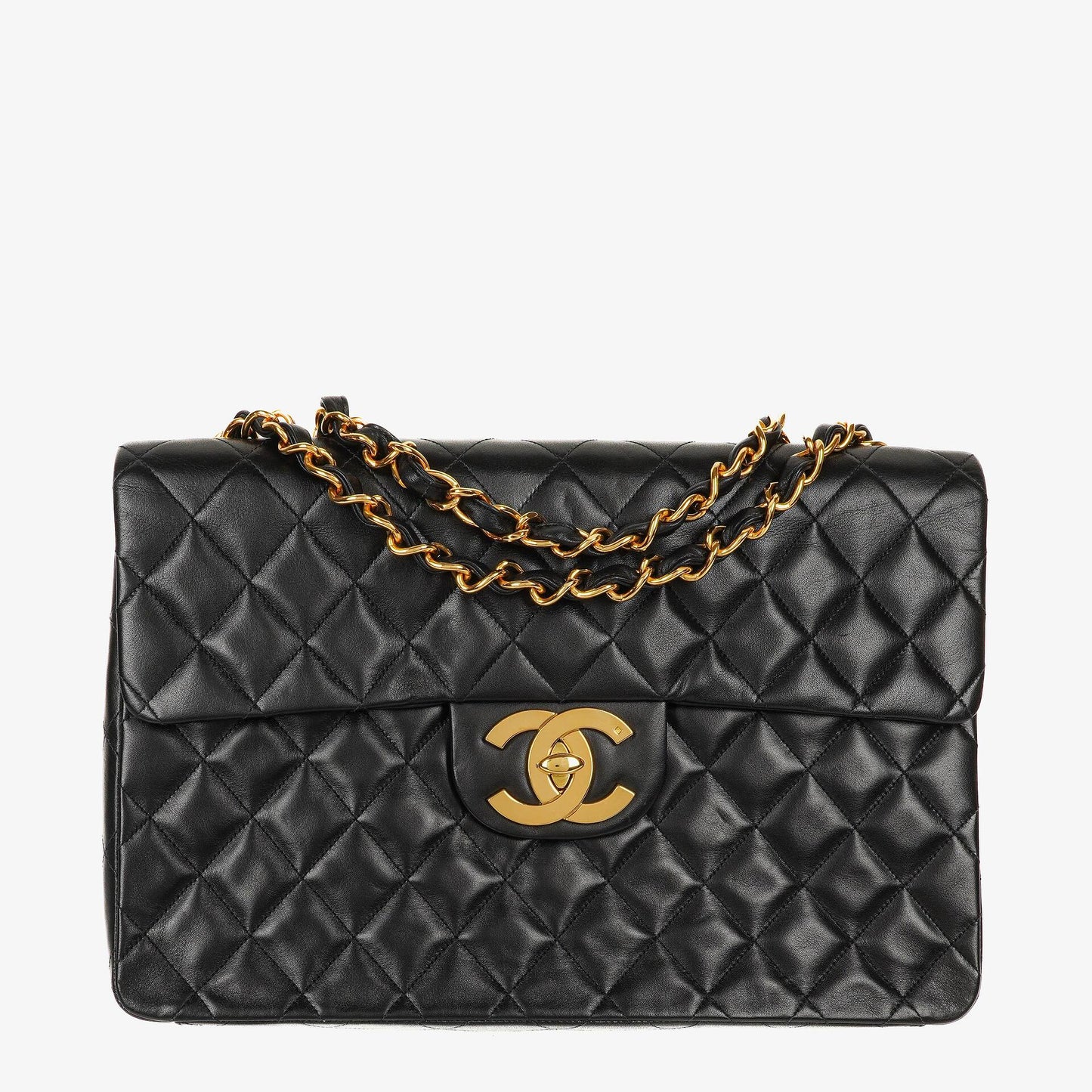 CHANEL Maxi Jumbo CC Classic Single Flap Tasche aus schwarzem gestepptem Lammleder mit 24K vergoldeten Beschlägen