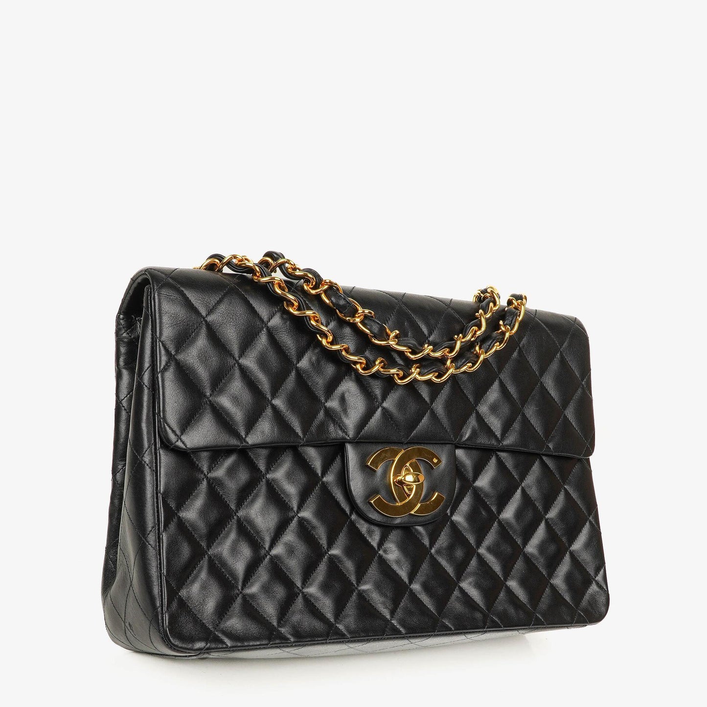 CHANEL Maxi Jumbo CC Classic Single Flap Tasche aus schwarzem gestepptem Lammleder mit 24K vergoldeten Beschlägen
