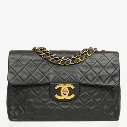 Chanel Maxi Jumbo CC Klassische Einfache Klappentasche Schwarz Gestepptes Lammleder 24K Vergoldete Beschläge