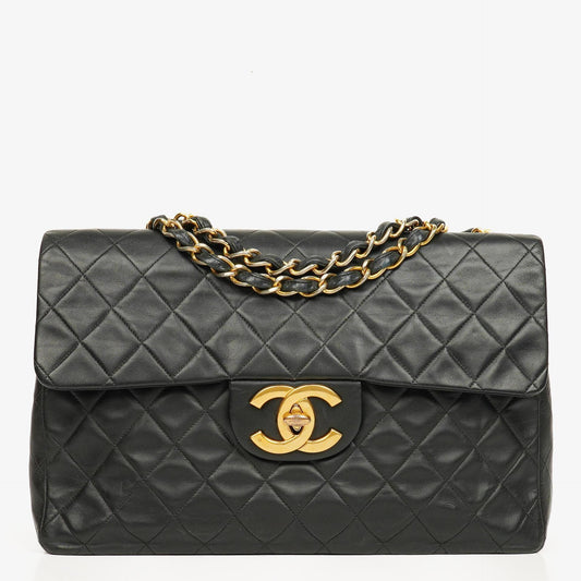 Chanel Maxi Jumbo CC Klassische Einfache Klappentasche Schwarz Gestepptes Lammleder 24K Vergoldete Beschläge