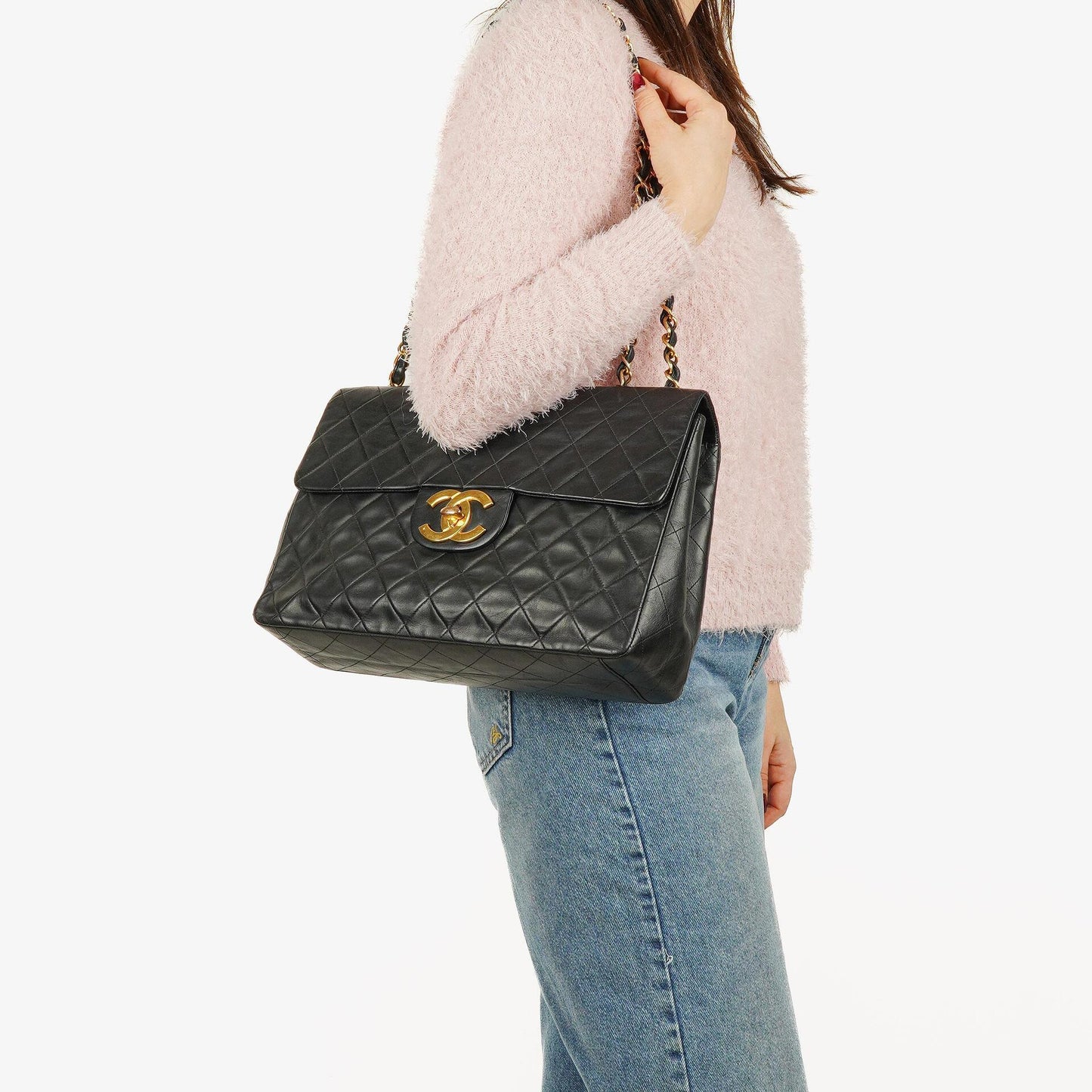 Chanel Maxi Jumbo CC Klassische Einfache Klappentasche Schwarz Gestepptes Lammleder 24K Vergoldete Beschläge