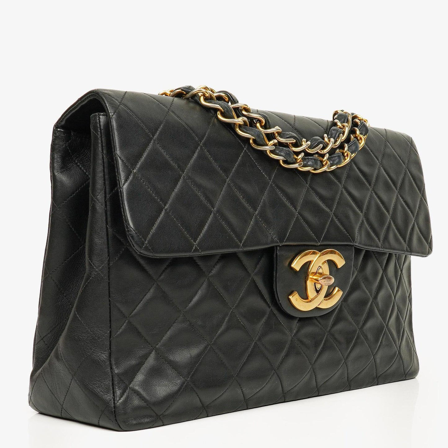 Chanel Maxi Jumbo CC Klassische Einfache Klappentasche Schwarz Gestepptes Lammleder 24K Vergoldete Beschläge