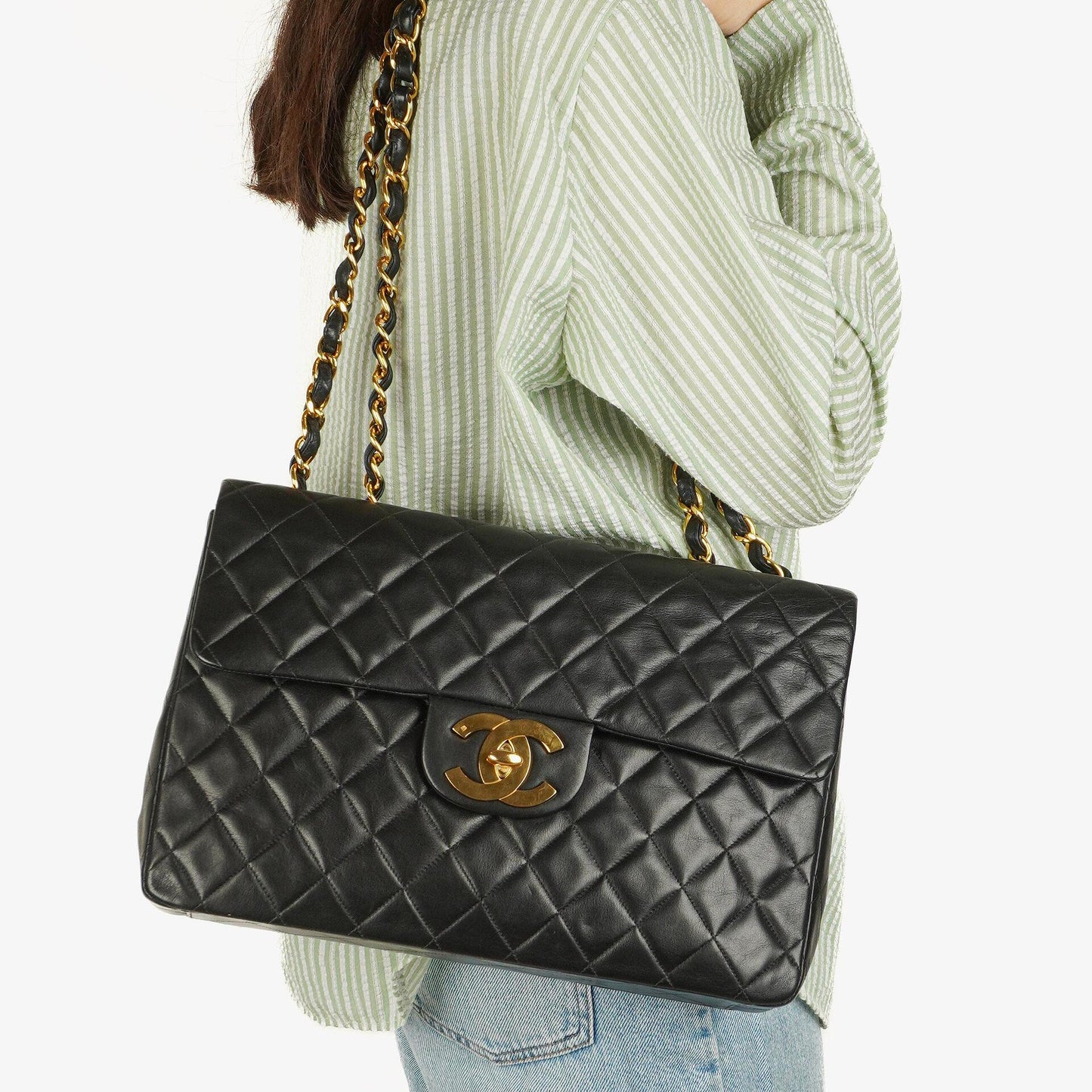 Chanel Maxi Jumbo Classic Single Flap Tasche Schwarz gestepptes Lammleder 24K vergoldete Hardware