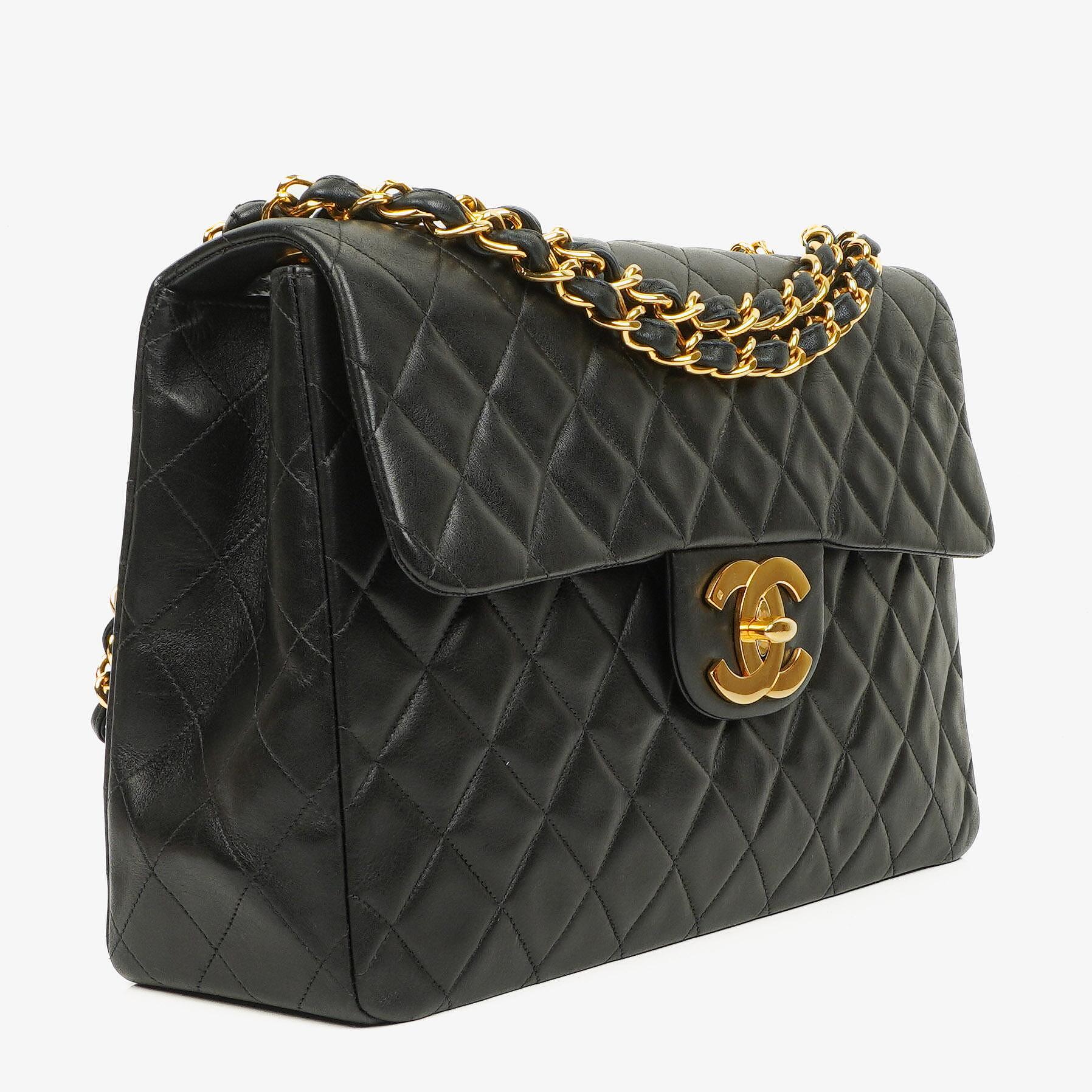 Chanel Maxi Jumbo Classic Single Flap Tasche Schwarz gestepptes Lammleder 24K vergoldete Hardware