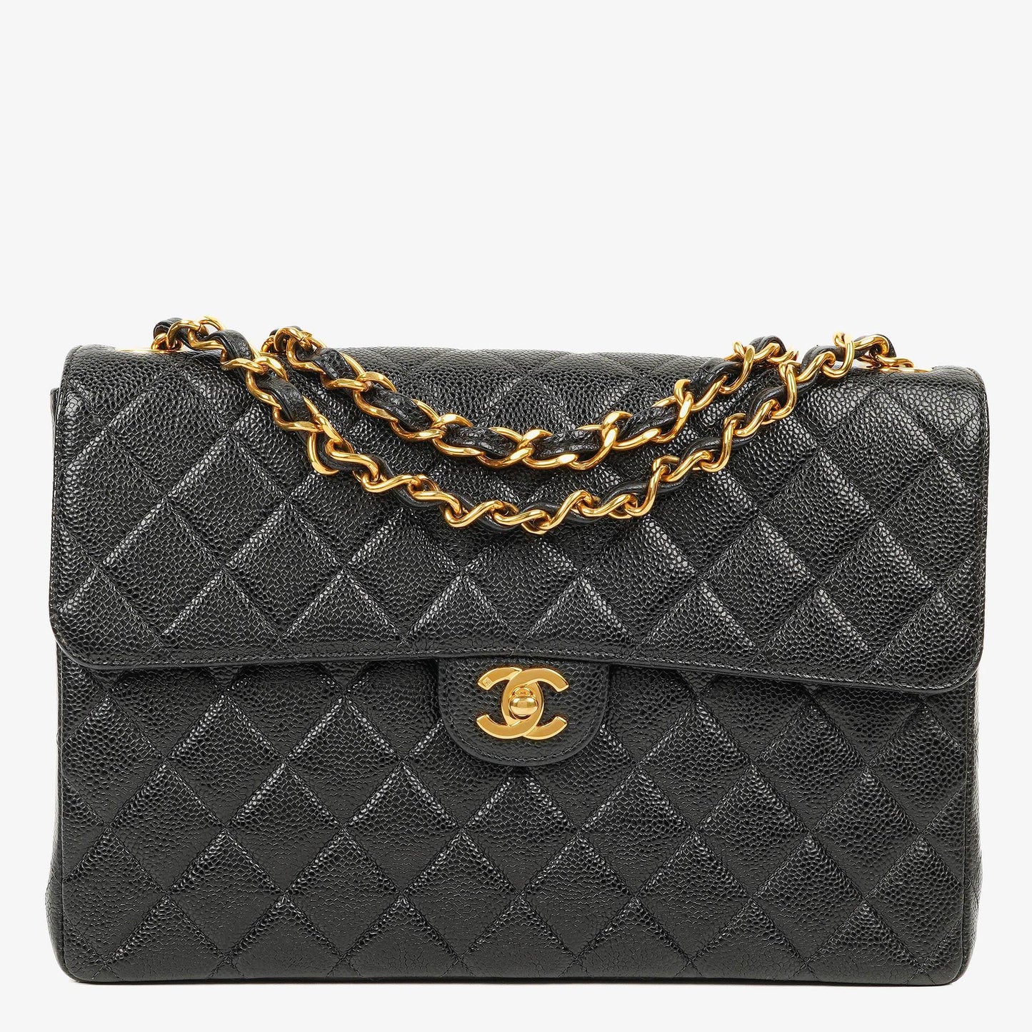 Chanel Maxi Jumbo Classic Single Flap Bag aus schwarzem gestepptem Lammleder mit 24K vergoldeter Hardware