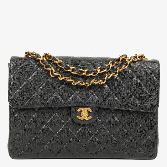 Chanel Maxi Jumbo Classic Single Flap Bag aus schwarzem gestepptem Lammleder mit 24K vergoldeter Hardware