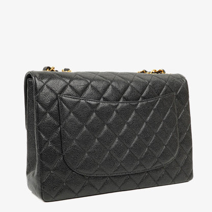 Chanel Maxi Jumbo Classic Single Flap Bag aus schwarzem gestepptem Lammleder mit 24K vergoldeter Hardware
