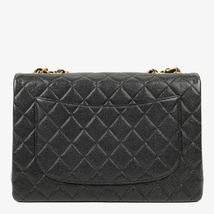 Chanel Maxi Jumbo Classic Single Flap Bag aus schwarzem gestepptem Lammleder mit 24K vergoldeter Hardware