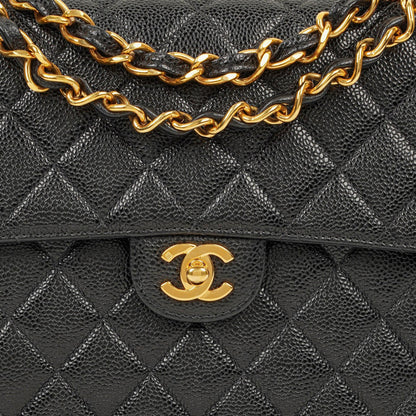 Chanel Maxi Jumbo Classic Single Flap Bag aus schwarzem gestepptem Lammleder mit 24K vergoldeter Hardware