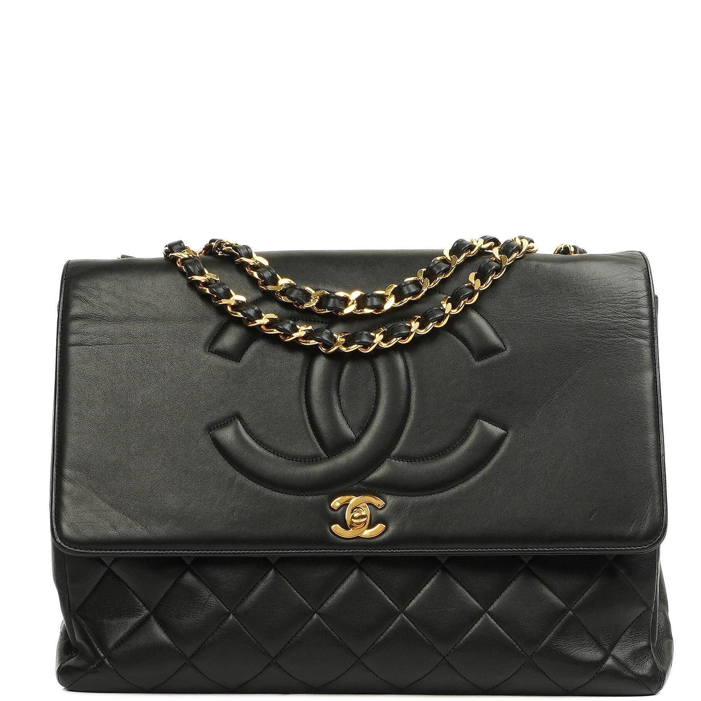 Chanel Classic Maxi Jumbo Single Flap Bag aus schwarzem gestepptem Lammleder mit 24K vergoldeten Beschlägen