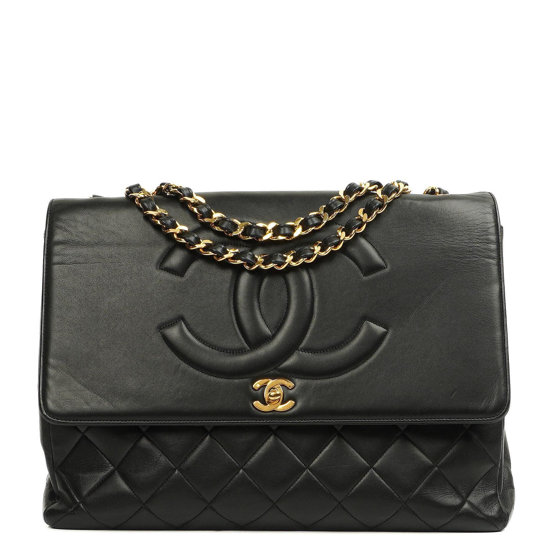 Chanel Classic Maxi Jumbo Single Flap Bag aus schwarzem gestepptem Lammleder mit 24K vergoldeten Beschlägen