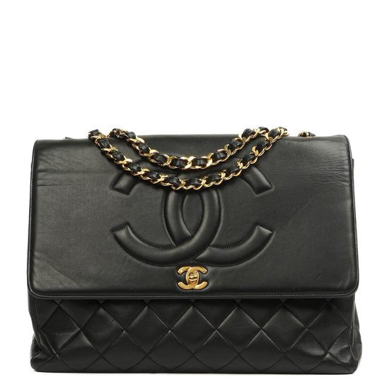 Chanel Classic Maxi Jumbo Single Flap Bag aus schwarzem gestepptem Lammleder mit 24K vergoldeten Beschlägen