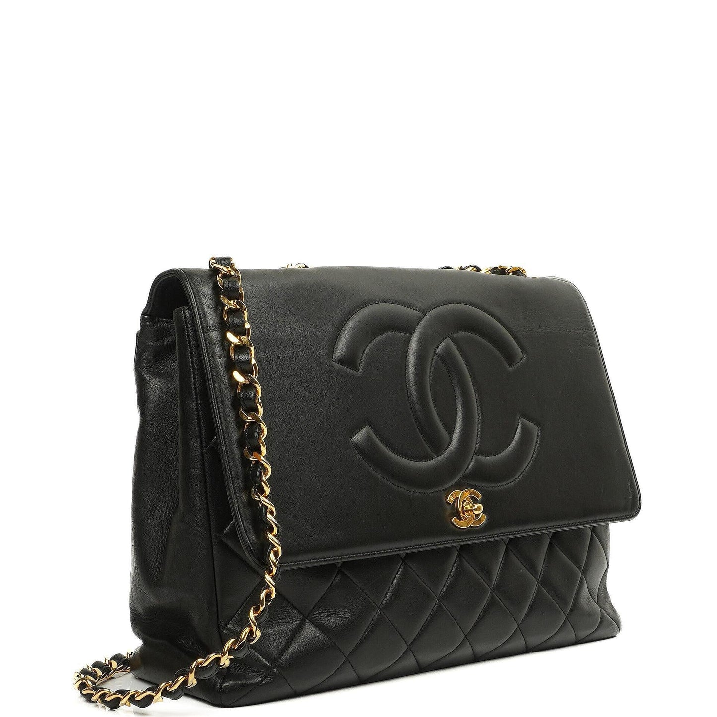 Chanel Classic Maxi Jumbo Single Flap Bag aus schwarzem gestepptem Lammleder mit 24K vergoldeten Beschlägen
