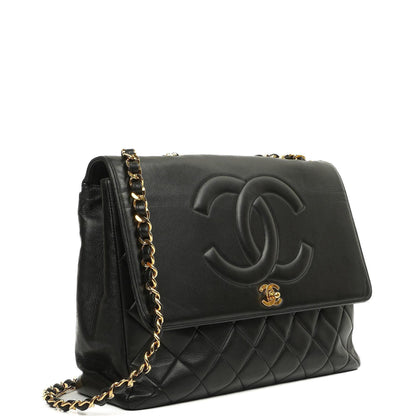 Chanel Classic Maxi Jumbo Single Flap Bag aus schwarzem gestepptem Lammleder mit 24K vergoldeten Beschlägen