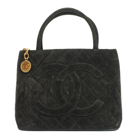 Chanel Medaillon Vintage Tote Tasche In Schwarz Gepolstertem Wildleder