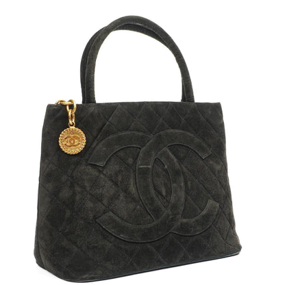 Chanel Medaillon Vintage Tote Tasche In Schwarz Gepolstertem Wildleder
