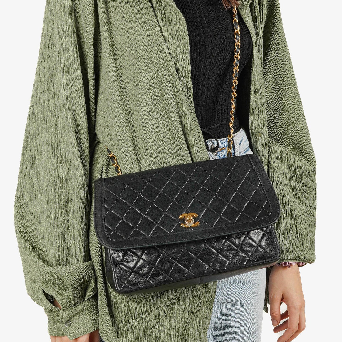 Chanel Medium Single Flap Tasche aus schwarzem gestepptem Lammleder mit 24K vergoldeten Beschlägen