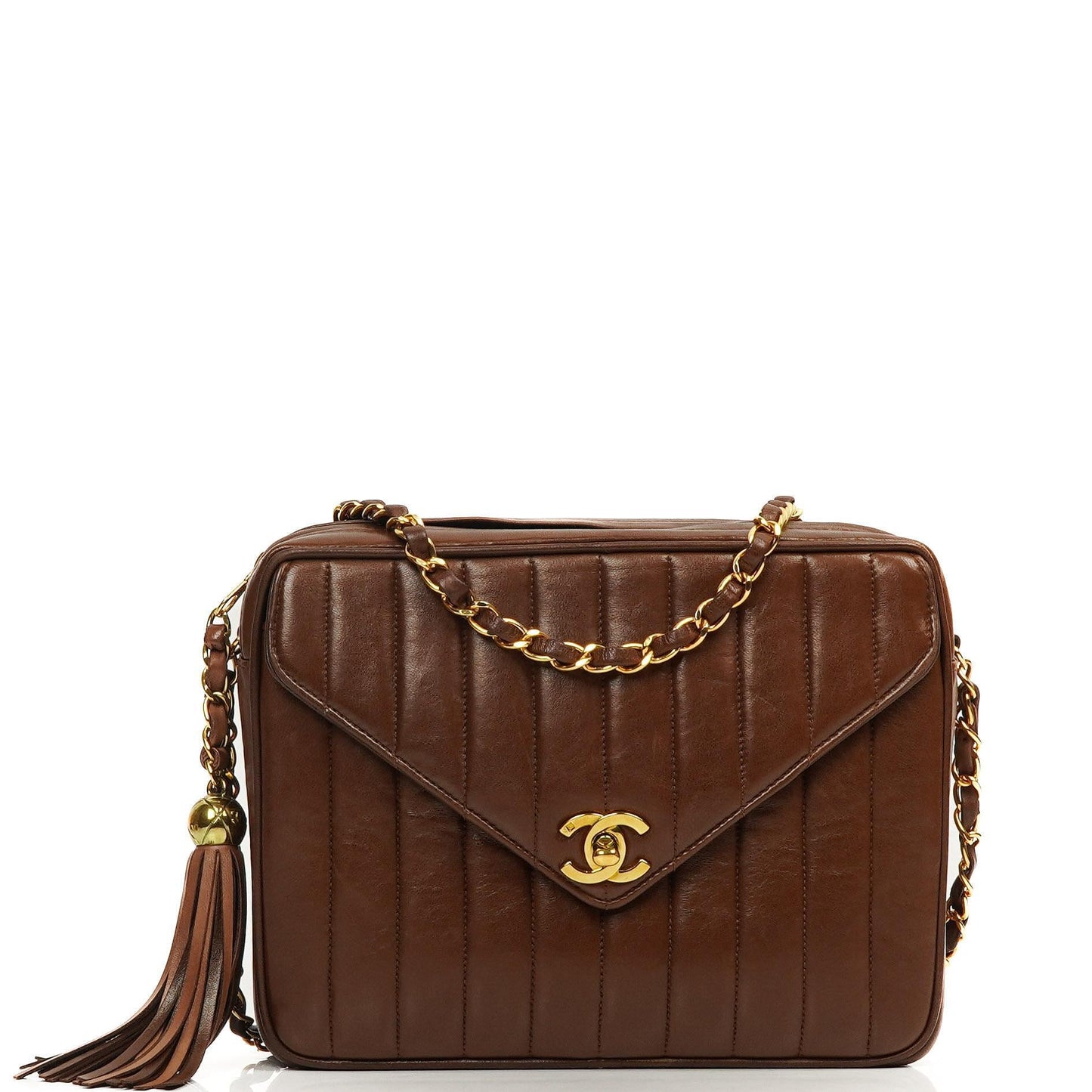 Chanel Medium Kamera Quaste Braune Vertikale Gequiltete Lammleder CC Klapptasche 24K Goldbeschläge, 1994-1996