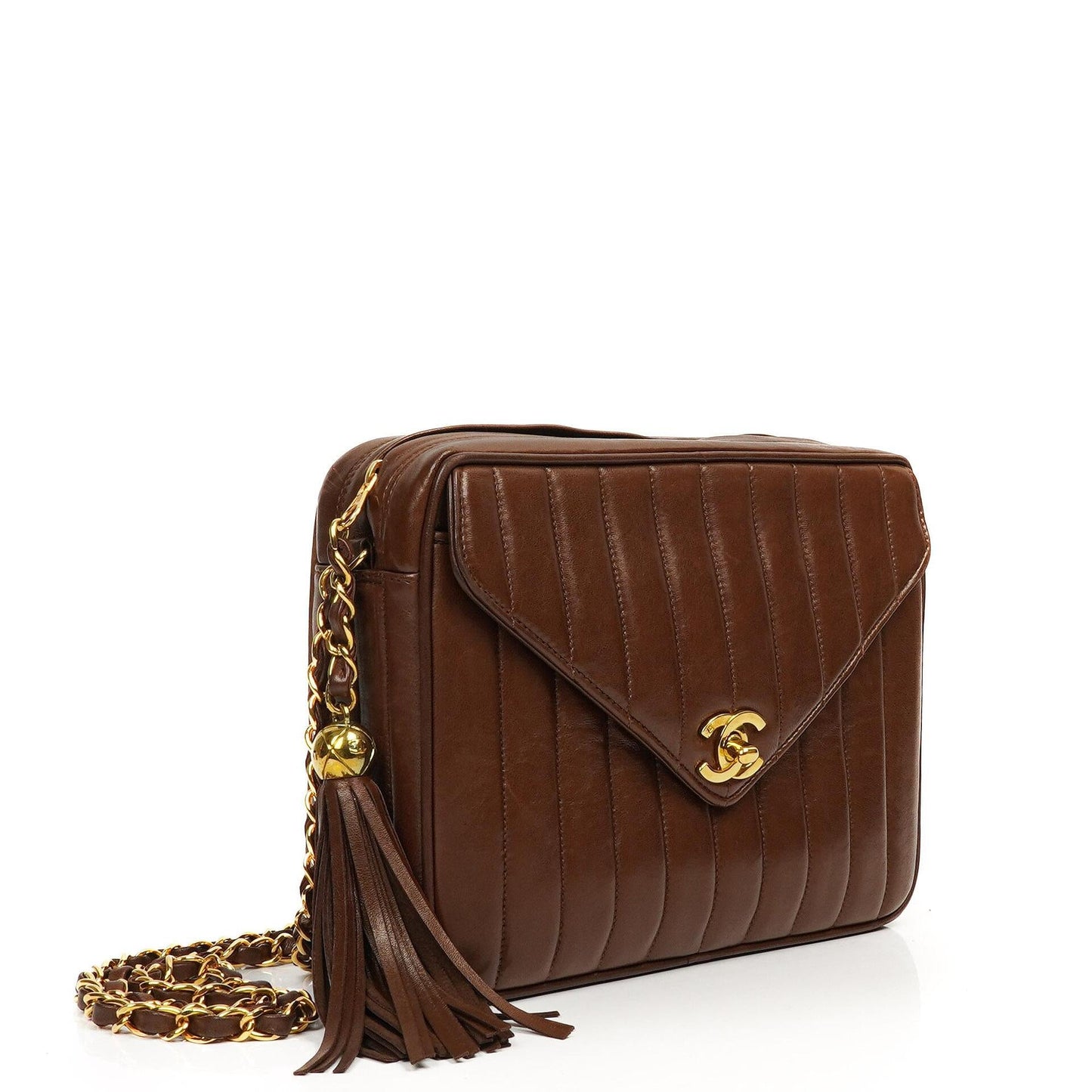 Chanel Medium Kamera Quaste Braune Vertikale Gequiltete Lammleder CC Klapptasche 24K Goldbeschläge, 1994-1996