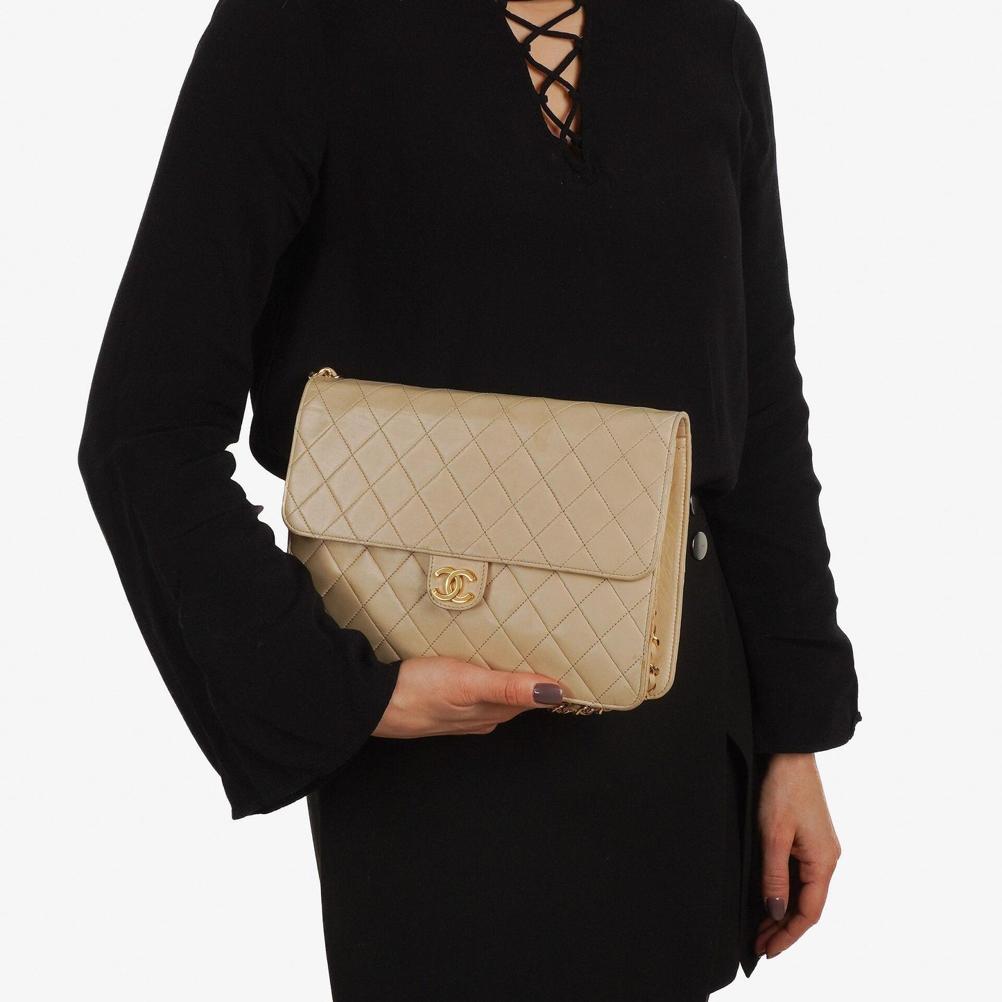 Chanel Medium Classic beige-ivory gestepptes Lammleder Single Flap Bag mit 24K goldplattierten Beschlägen