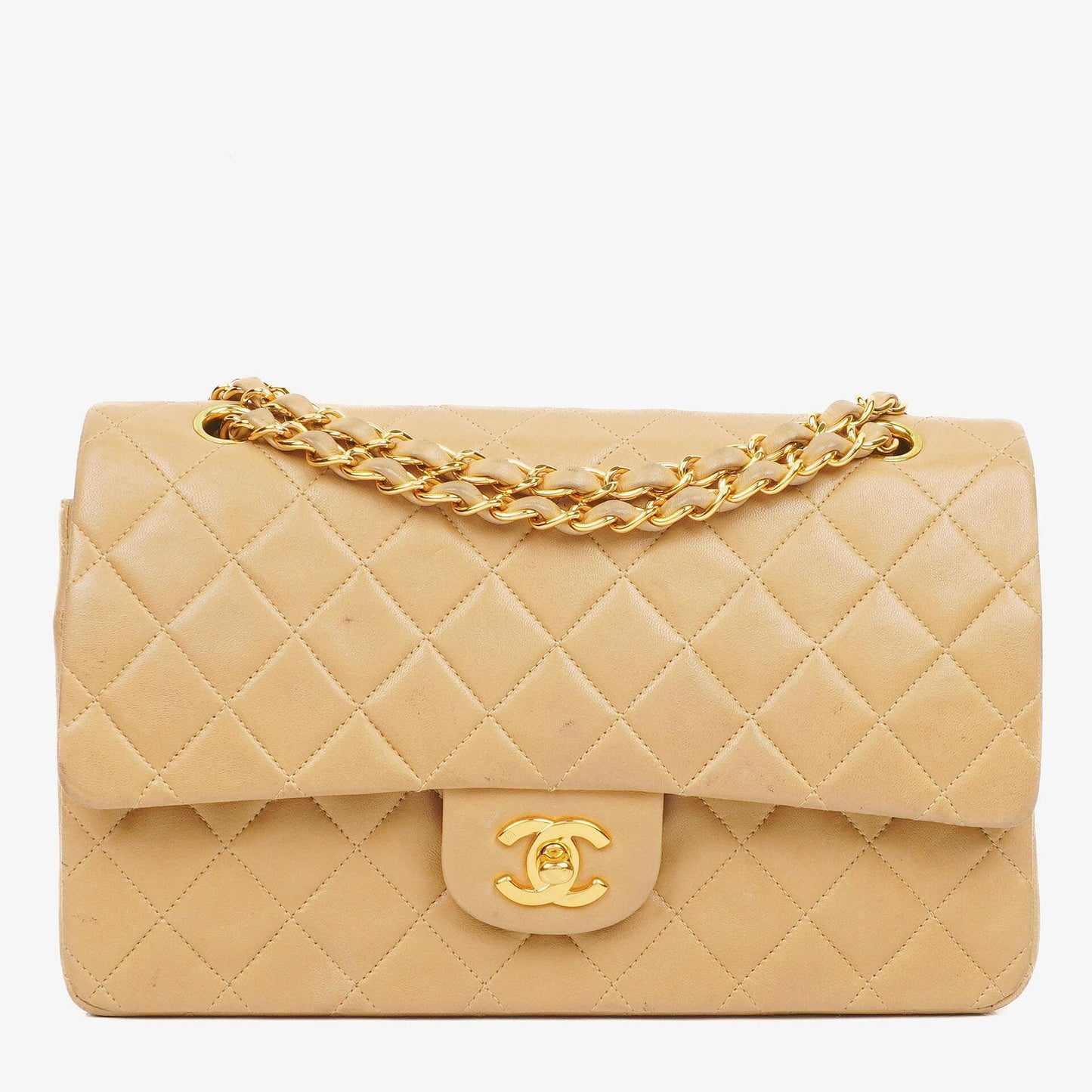 Chanel Medium Classic Beige gestepptes Leder Double Flap Tasche mit 24K goldfarbener Hardware