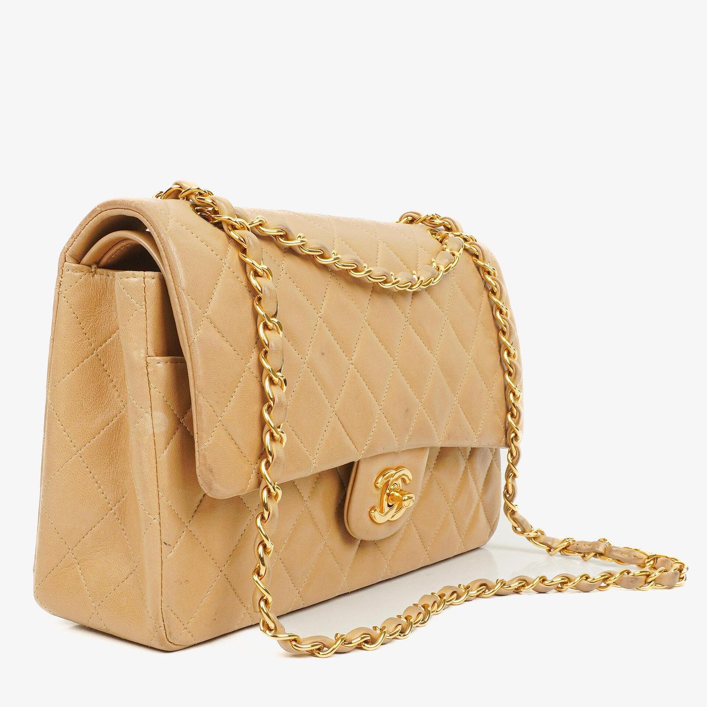 Chanel Medium Classic Beige gestepptes Leder Double Flap Tasche mit 24K goldfarbener Hardware