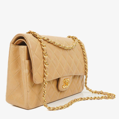 Chanel Medium Classic Beige gestepptes Leder Double Flap Tasche mit 24K goldfarbener Hardware