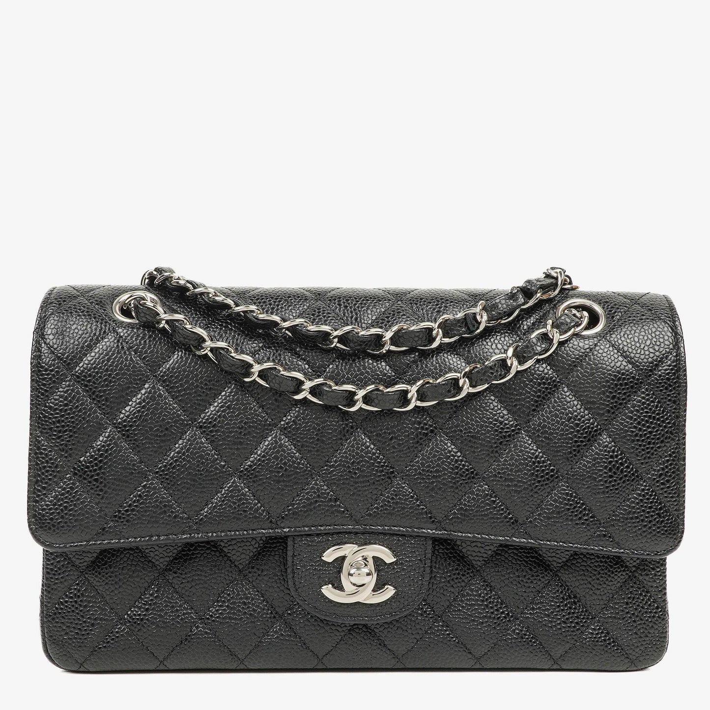 Chanel mittelgroße Classic Double Flap Bag aus schwarzem gestepptem Kaviarleder mit silberfarbener Hardware