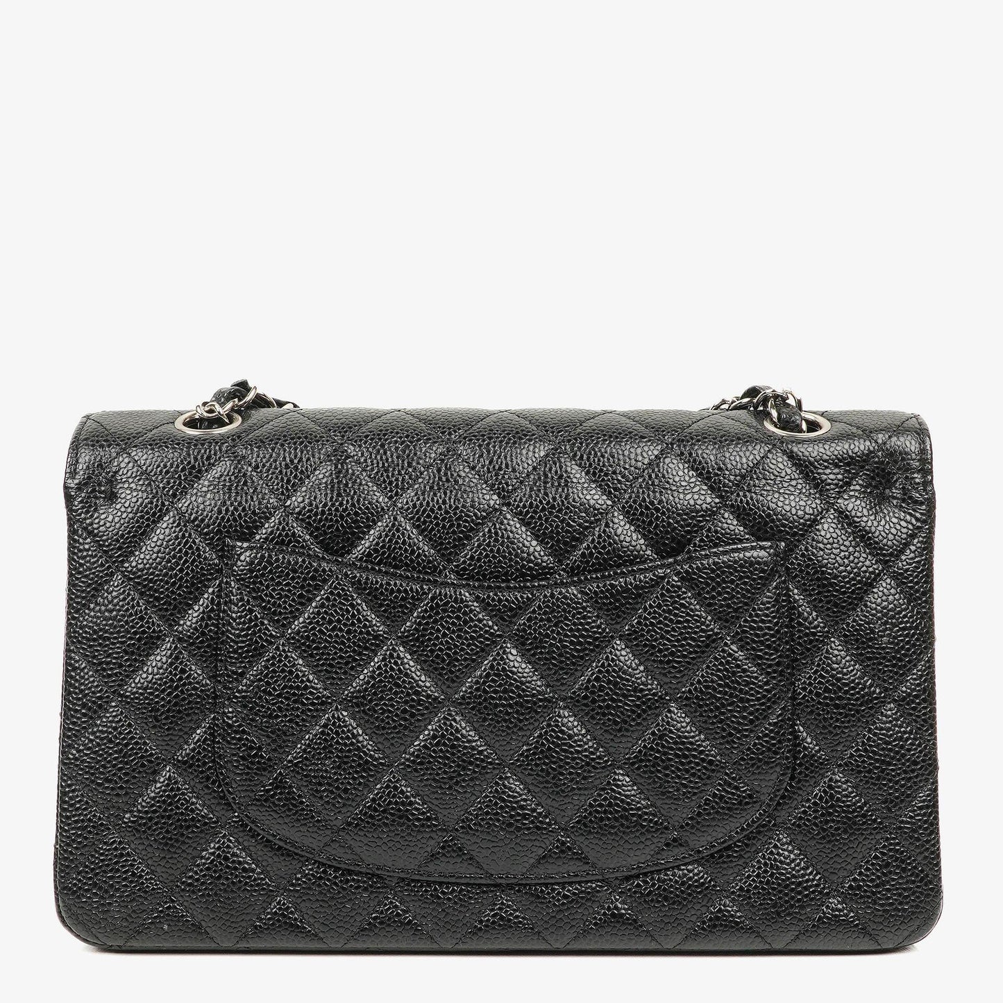 Chanel mittelgroße Classic Double Flap Bag aus schwarzem gestepptem Kaviarleder mit silberfarbener Hardware