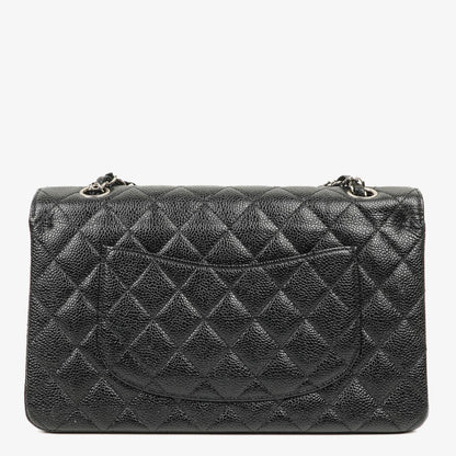 Chanel mittelgroße Classic Double Flap Bag aus schwarzem gestepptem Kaviarleder mit silberfarbener Hardware