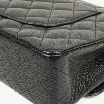 Chanel mittelgroße Classic Double Flap Bag aus schwarzem gestepptem Kaviarleder mit silberfarbener Hardware