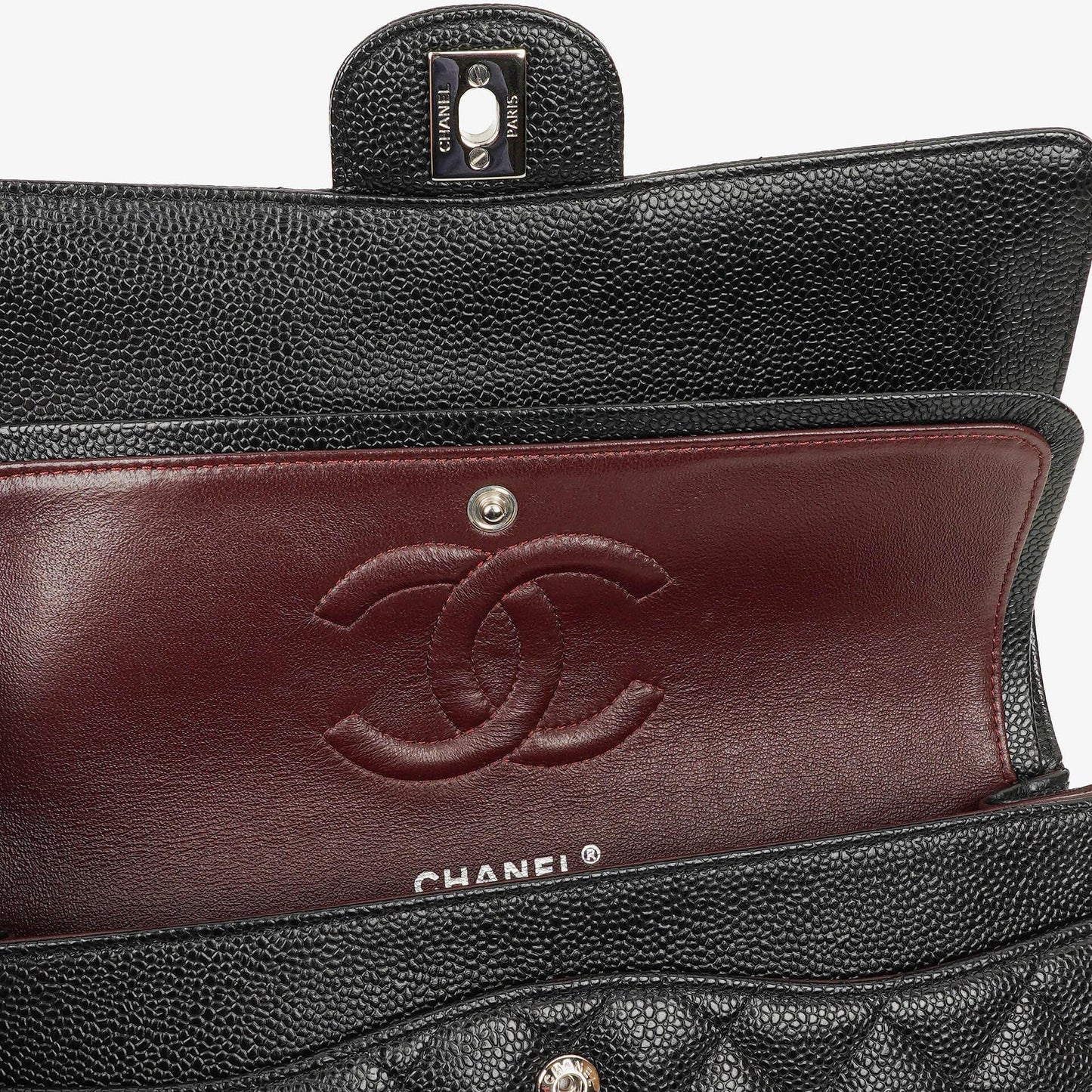 Chanel mittelgroße Classic Double Flap Bag aus schwarzem gestepptem Kaviarleder mit silberfarbener Hardware