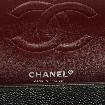 Chanel mittelgroße Classic Double Flap Bag aus schwarzem gestepptem Kaviarleder mit silberfarbener Hardware