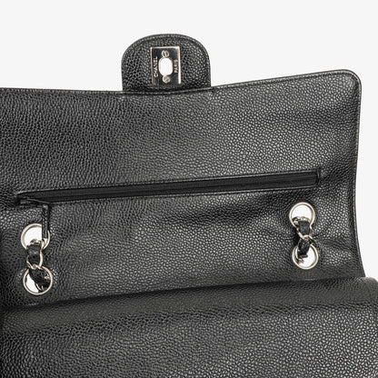 Chanel mittelgroße Classic Double Flap Bag aus schwarzem gestepptem Kaviarleder mit silberfarbener Hardware